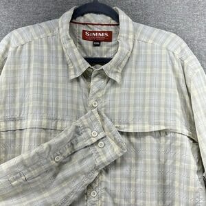 Simms Fishing Shirt Men Size XXL Beige Plaid Roll Tab Sleeve Outdoor Zip Pockets